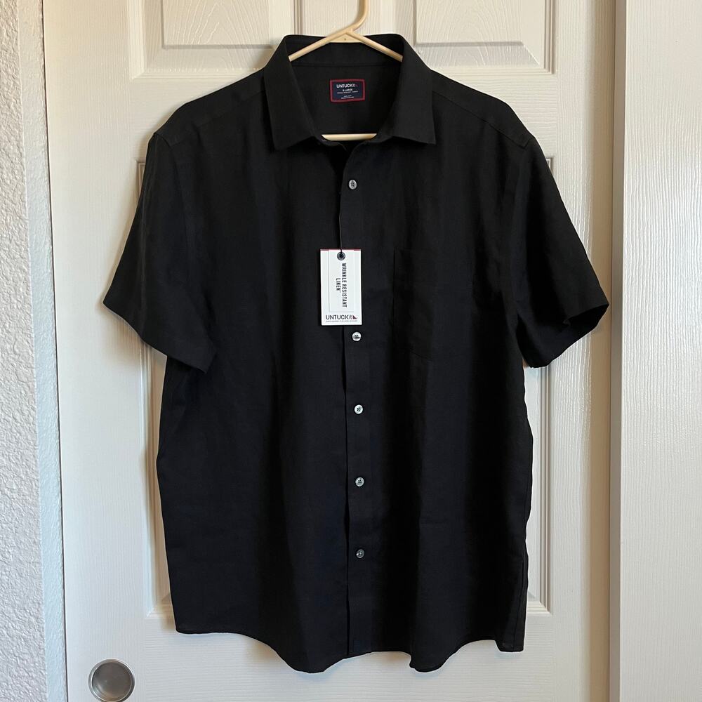 NWT UNTUCKit ‘Cameron’ Wrinkle Resistant Mens XL Black 100% Linen Slim Fit Shirt